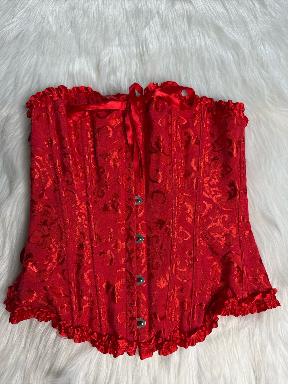 Red Satin Burlesque Floral Jacquard Lace Up Corset